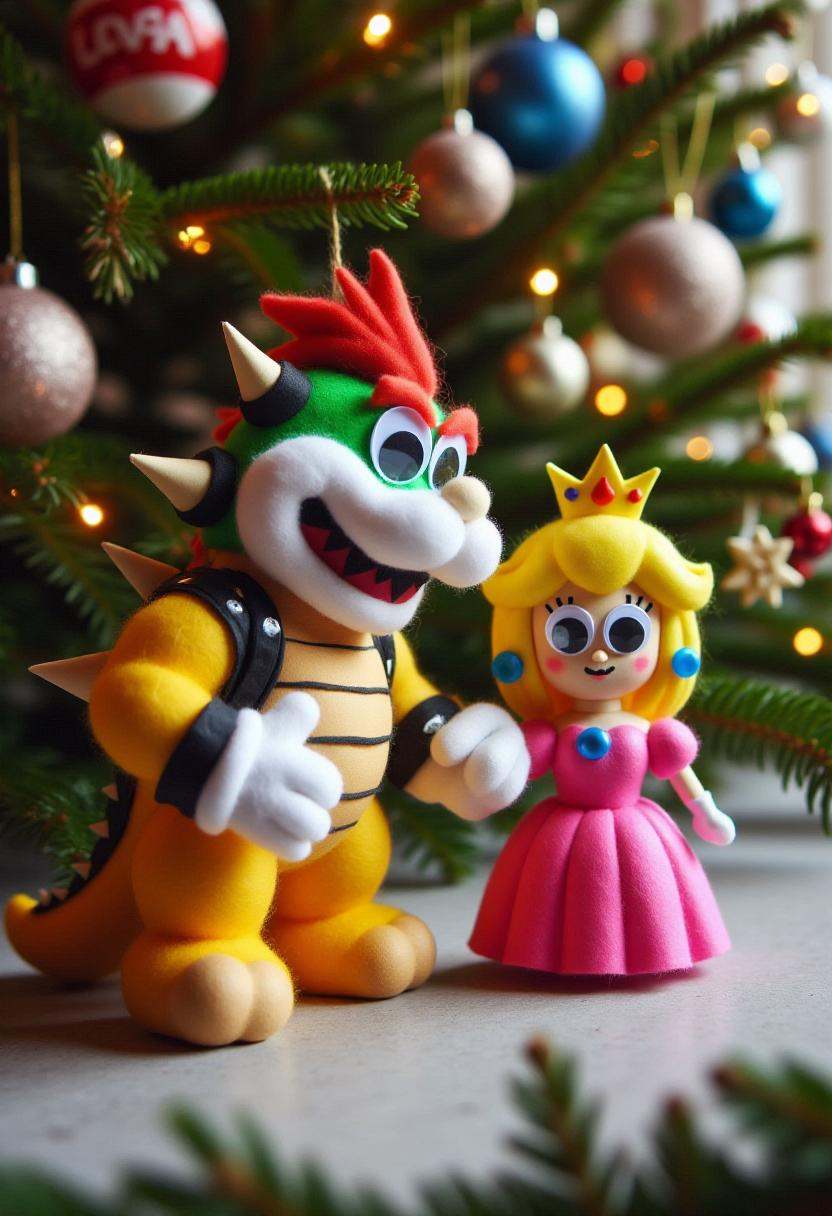 Photograph of a festive,  handmade Christmas decoration in the form of Bowser from Super Mario holding hands with Princess...