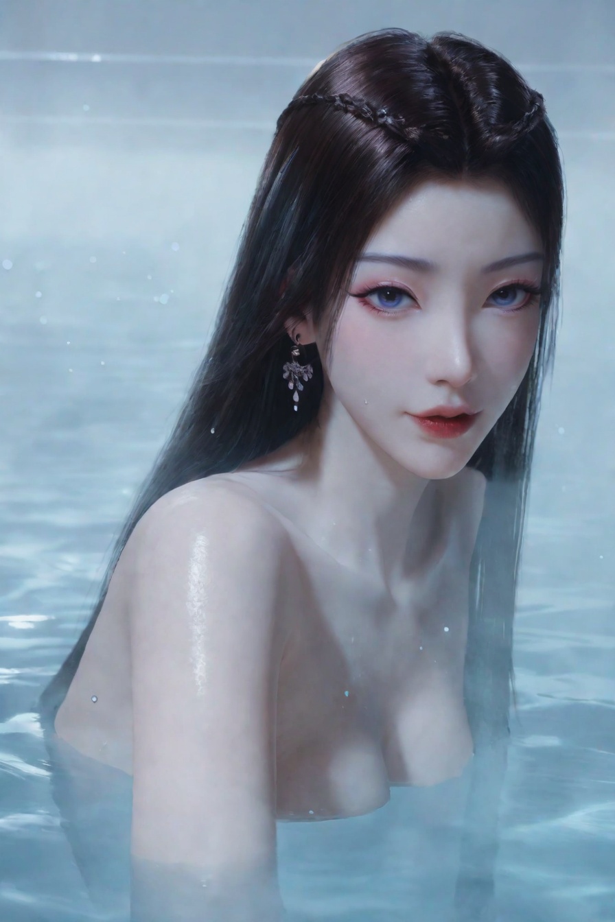 score_9,score_8_up,score_7_up,incredibly absurdres,<lora:SF_YuanYao_Pony-000004:0.7>,1girl,solo,bathing,water,partially submerged,breasts,naughty_face,red lips,jewelry,earring,long hair,looking at viewer,white background,chest underwater,