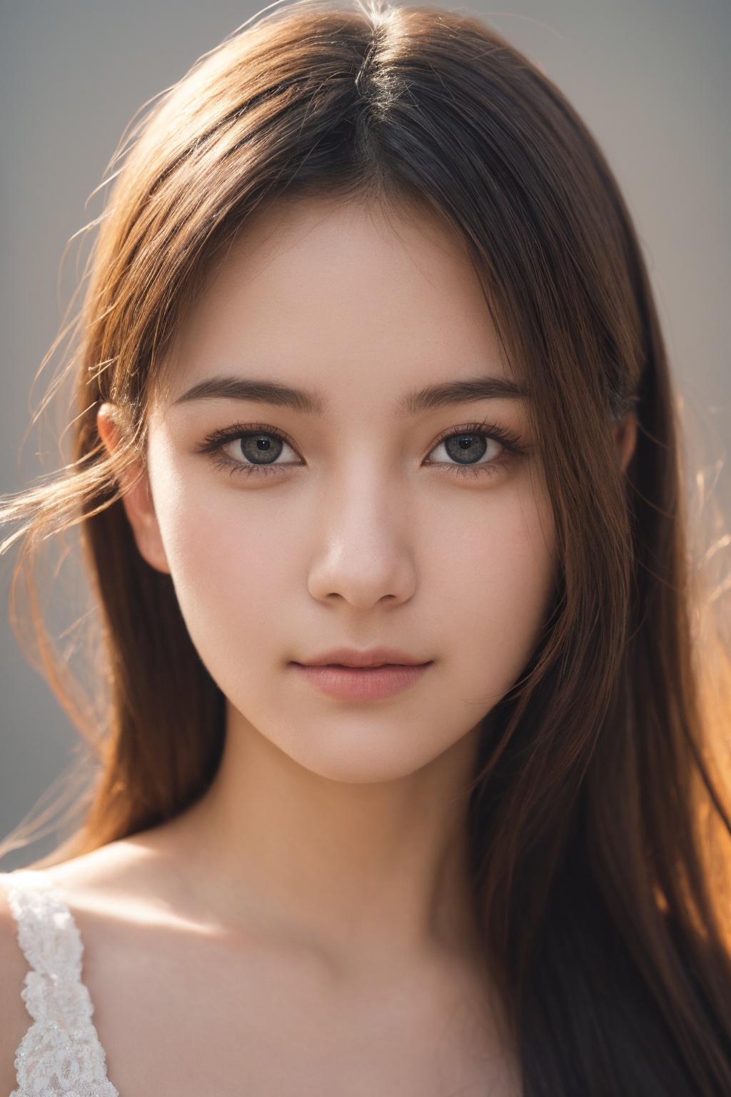 <lora:AgainChangeFaceLora:-0.5>,(8k, RAW photo:1.2), (realistic, photo-realistic:1.4), (extremely detailed), (detailed face:1.4), (beautiful detailed eyes:1.2), girl, smirk, closed mouth, bright glistening skin,realistic skin,skin pores, beautiful, pretty, upper body, dramatic lighting, realistic, teenage, dress, simple background, 