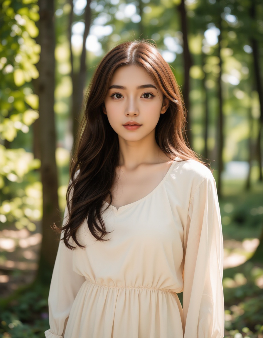 A young asian woman with long,  wavy brown hair and fair skin stands in a sunlit forest,  wearing a light beige on Tensor.Art