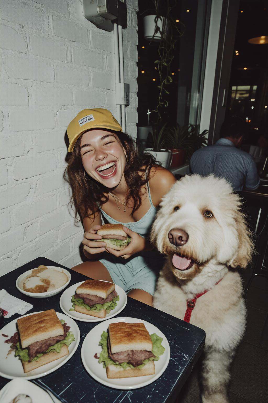 midjourneyanalog9 photograph.An American woman sits at a table in a casual dining setting. She is laughing with her mouth...
