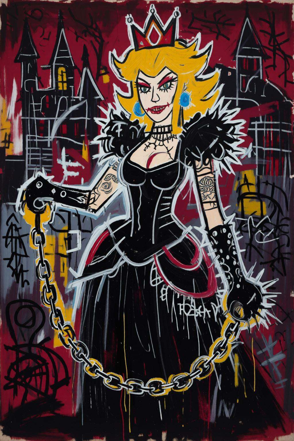 jeanmichelbasquiat2q painting.A gothic Princess Peach,  adorned in a striking black alternative costume,  confidently domi...