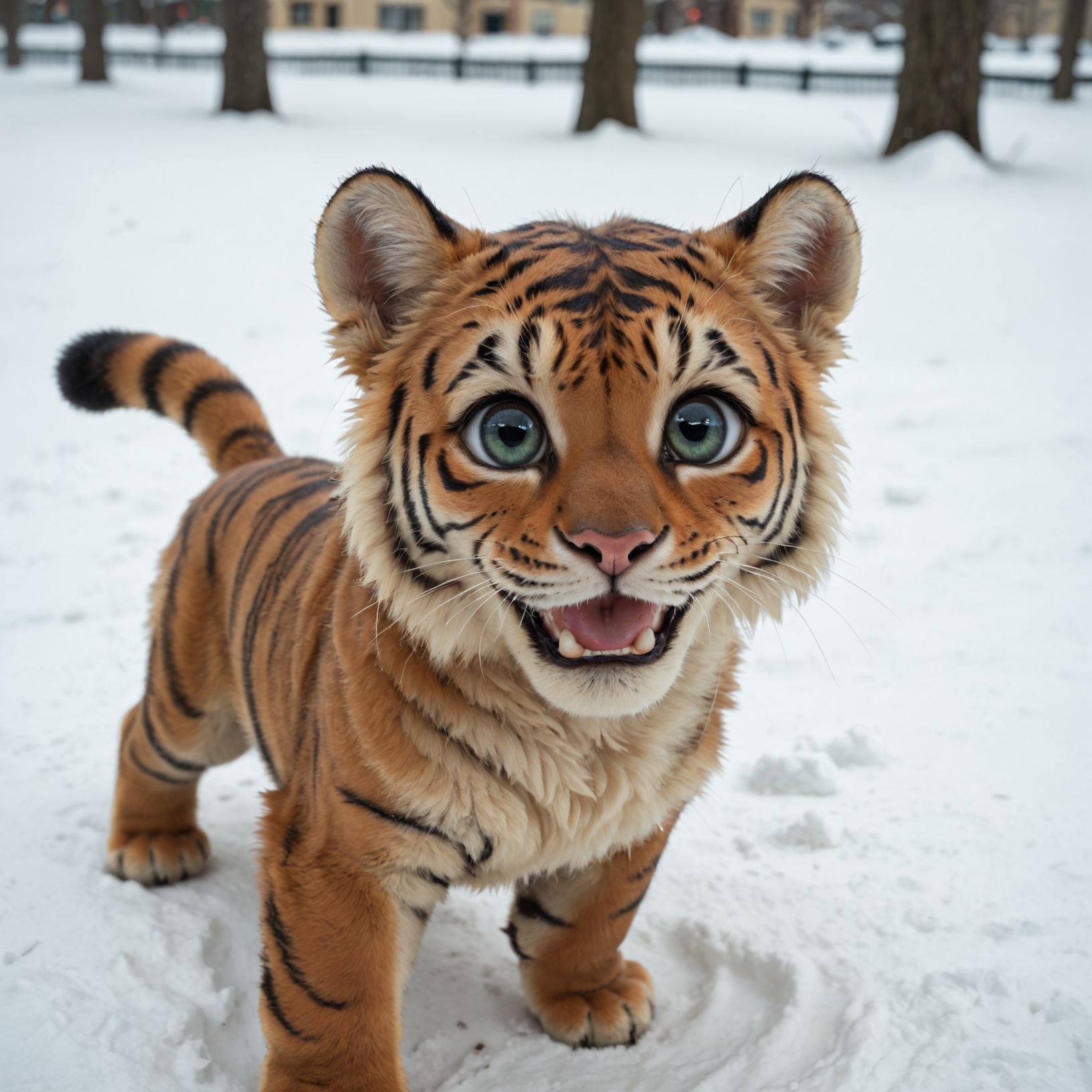 Cute baby tiger,  cute smile and big eyes,  anthropomorphic expression of happy jumping on Tensor.Art
