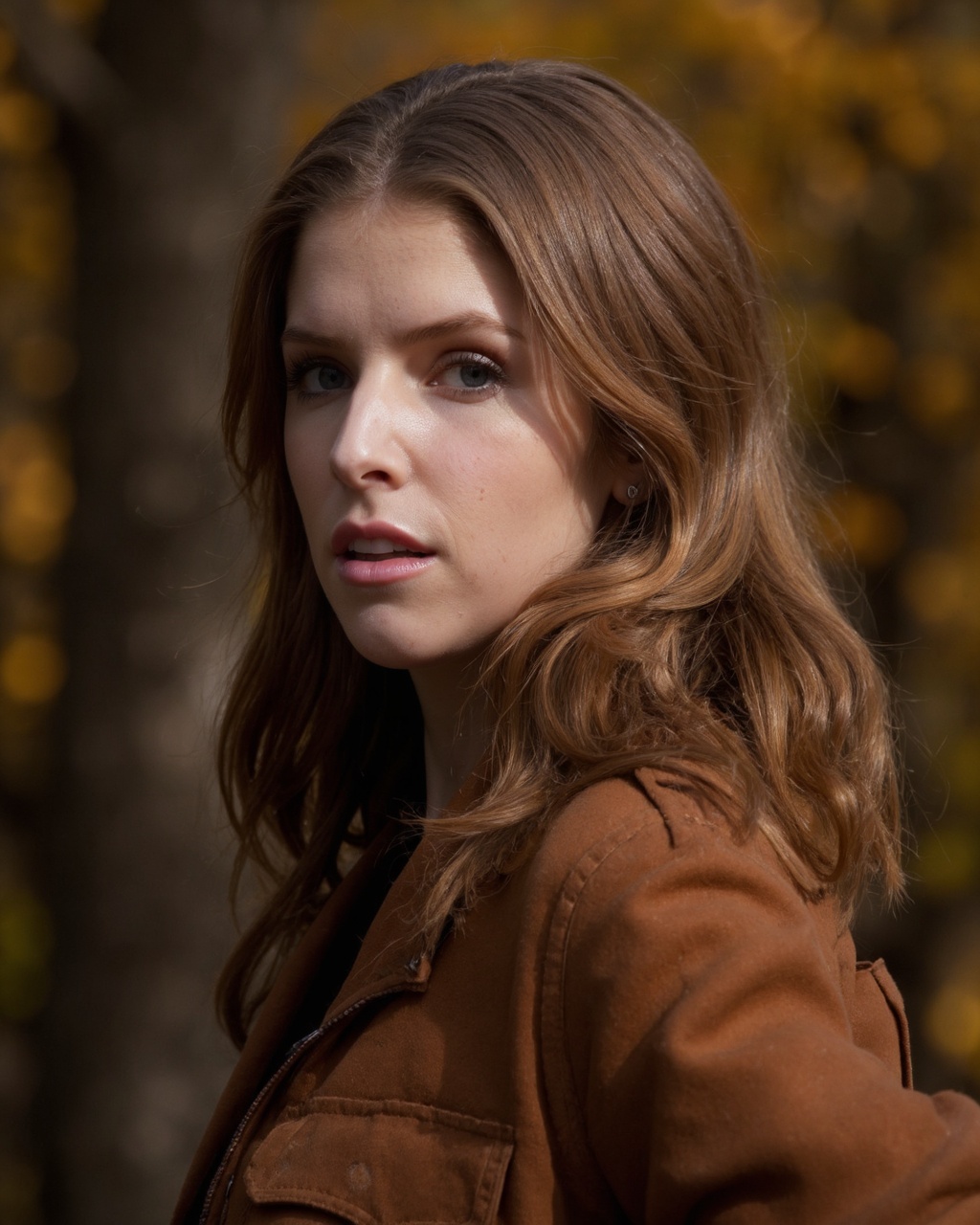 Anna_kendrick with striking features and long,  voluminous auburn hair that cascades over her shoulders in soft,  flowing...