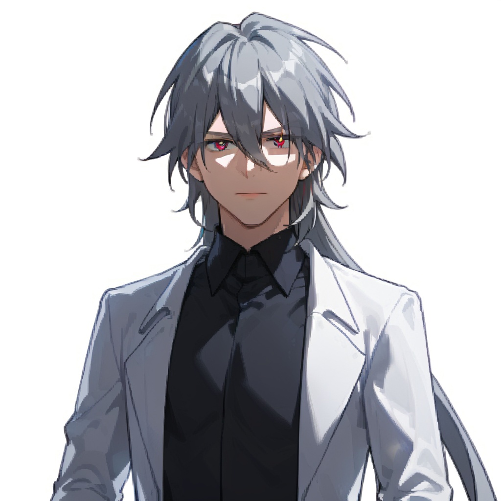 (white background:1.2),looking at viewer,(SOLO:1.4),outline,simple background,upper body, cowboy shot,looking at viewer,(((arms at side))),  su,long hair, 1boy,male focus,  jewelry, closed mouth, closed eyes, grey hair,multicolored hair,hair between eyes,streaked hair,labcoat<lora:su-labcoat-pony:0.8>