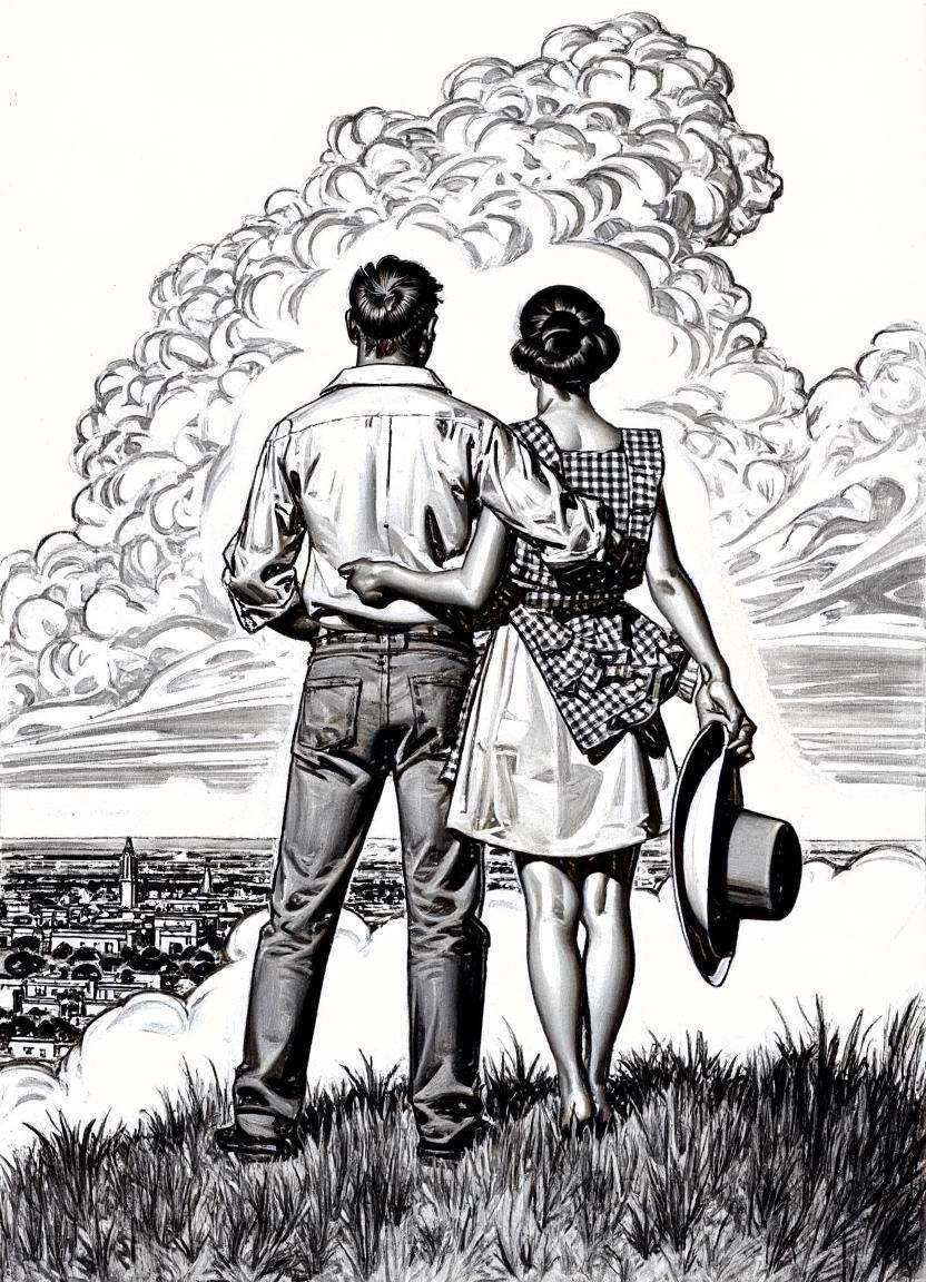 Detailed pen-and-ink illustration by franklin booth of a man and a woman standing together on top of a grassy hill. The ma...