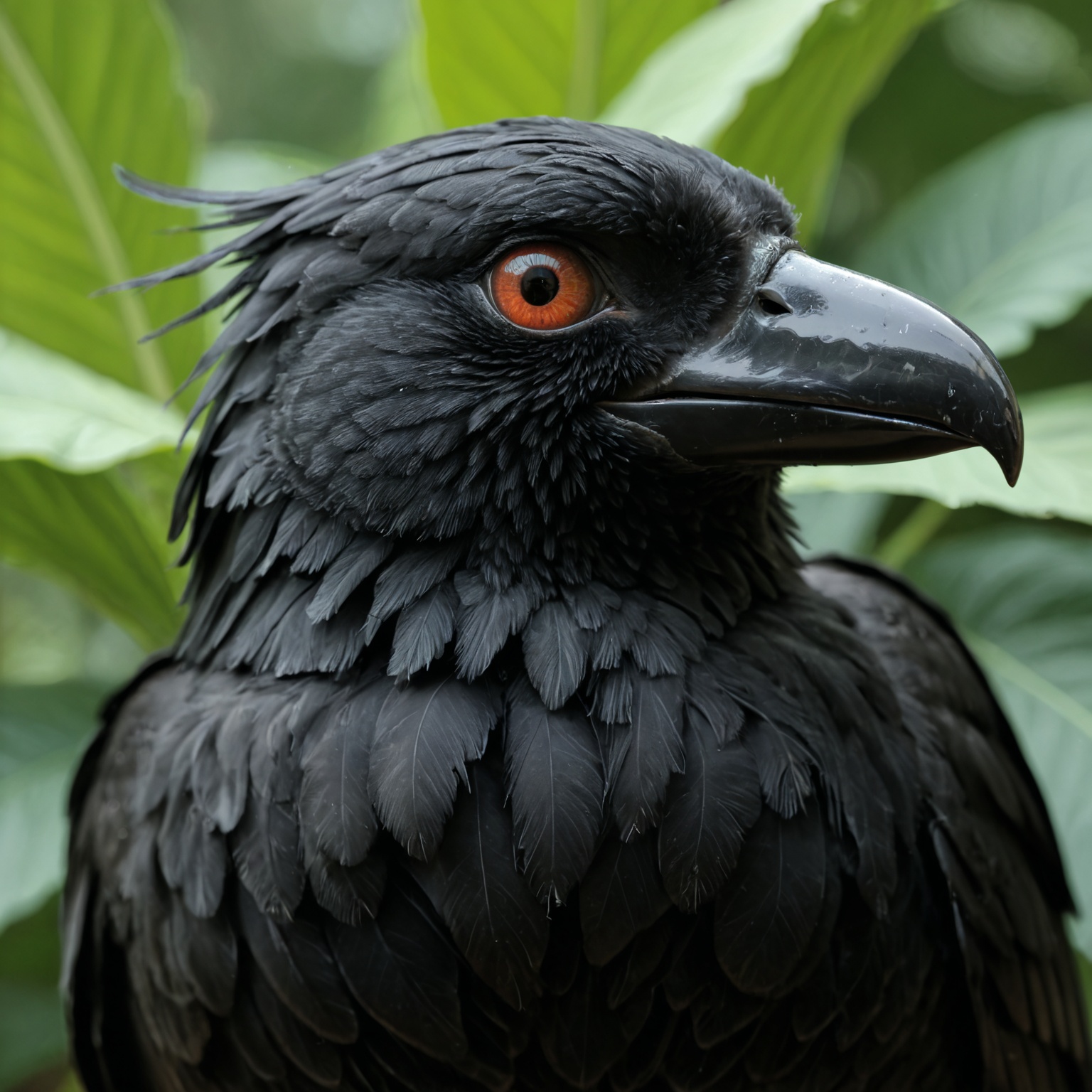 A close-up portrait of an American crow,  showcasing its black plumage and intense gaze against the backdrop of lush green...