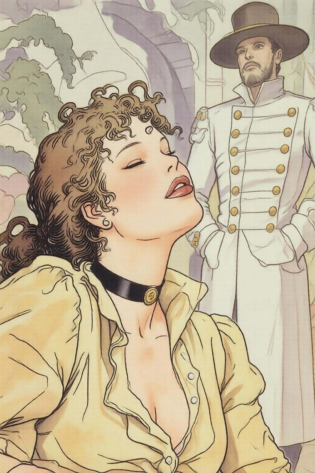 milomanara7q illustration. A woman with curly hair with her eyes closed. She is wearing a light yellow dress shirt with a...