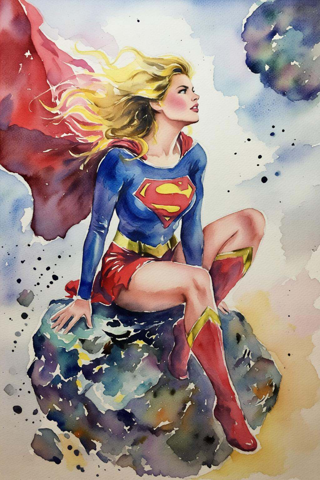 watercolorbasic2q watercolor painting. Supergirl posing while sitting on top of a meteorite. She has long,  flowing blonde...