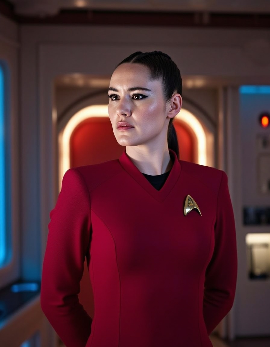 A character portrait set in a futuristic sci-fi star trek environment,  featuring a female officer in a sleek,  form-fitti...