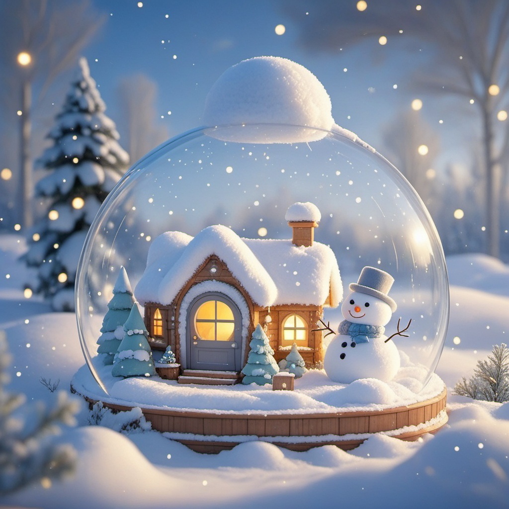 shengdan, A whimsical snow globe with a wooden base holds a cute snowman, decked out in a gray top hat and scarf, standing proudly among three small pine trees. Snowflakes gently fall inside, and a tiny wooden house sits cozily in the snow. The globe is topped with a snow-covered roof. In the background, a peaceful winter scene unfolds with a blue sky, twinkling lights, and distant trees. The whole vibe is warm and festive.,<lora:shengdan_v1-000016:0.8>