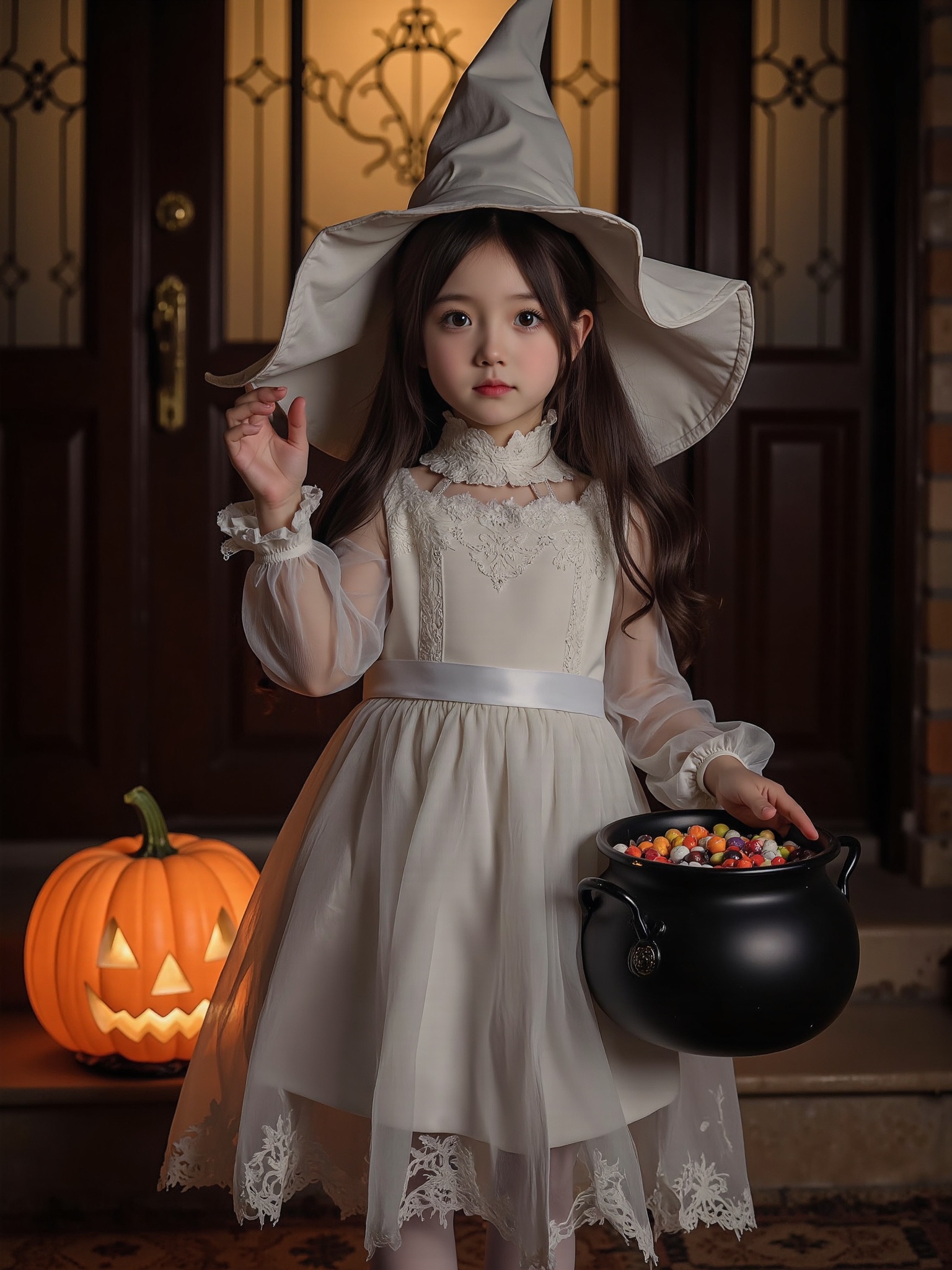 无,A darkened porch,lit only by a flickering jack-o'-lantern's warm glow,sets the eerie scene as a sweet young girl,dressed in a flowing white costume and matching witch hat. Her eyes sparkle with mischief as she holds out a candy-filled cauldron.,