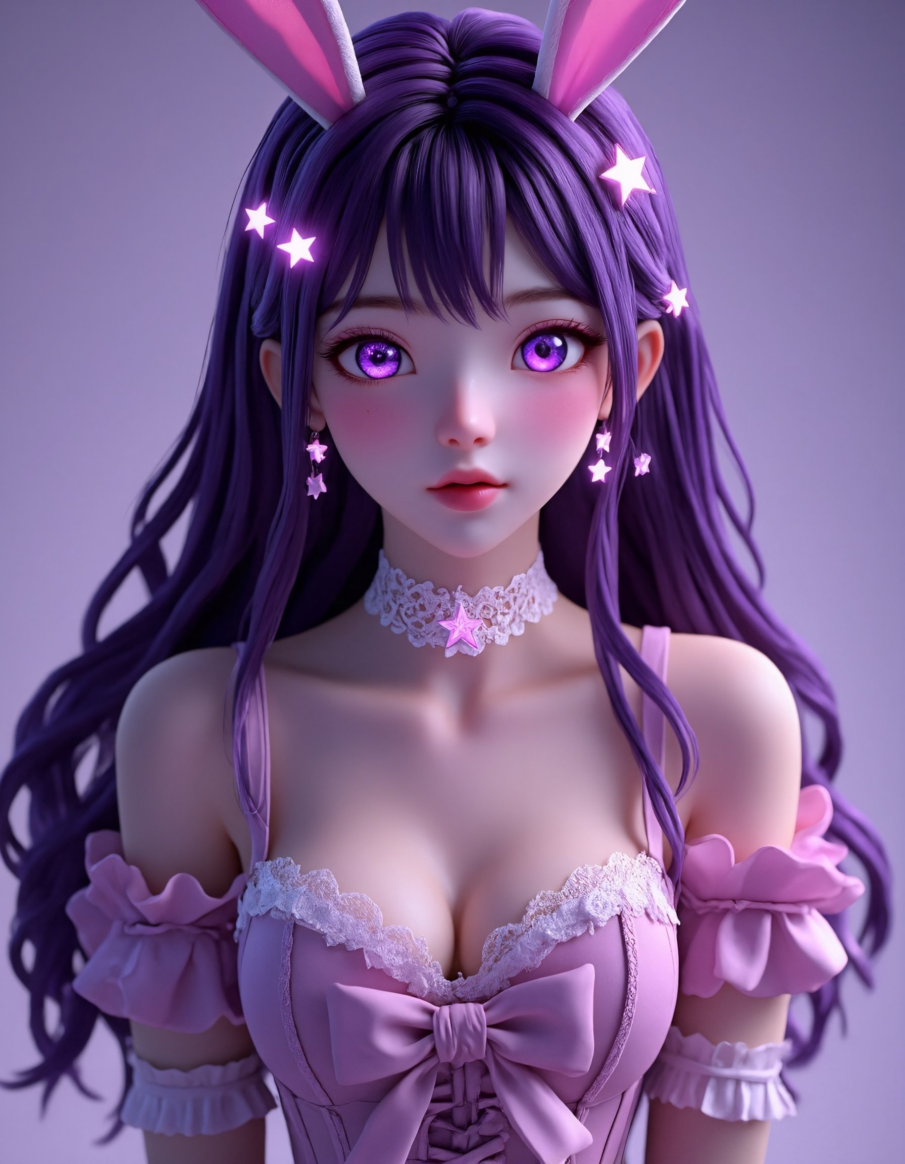 A highly detailed and vibrant portrait of a young woman with a magical,  whimsical design. She has long,  flowing dark pur...