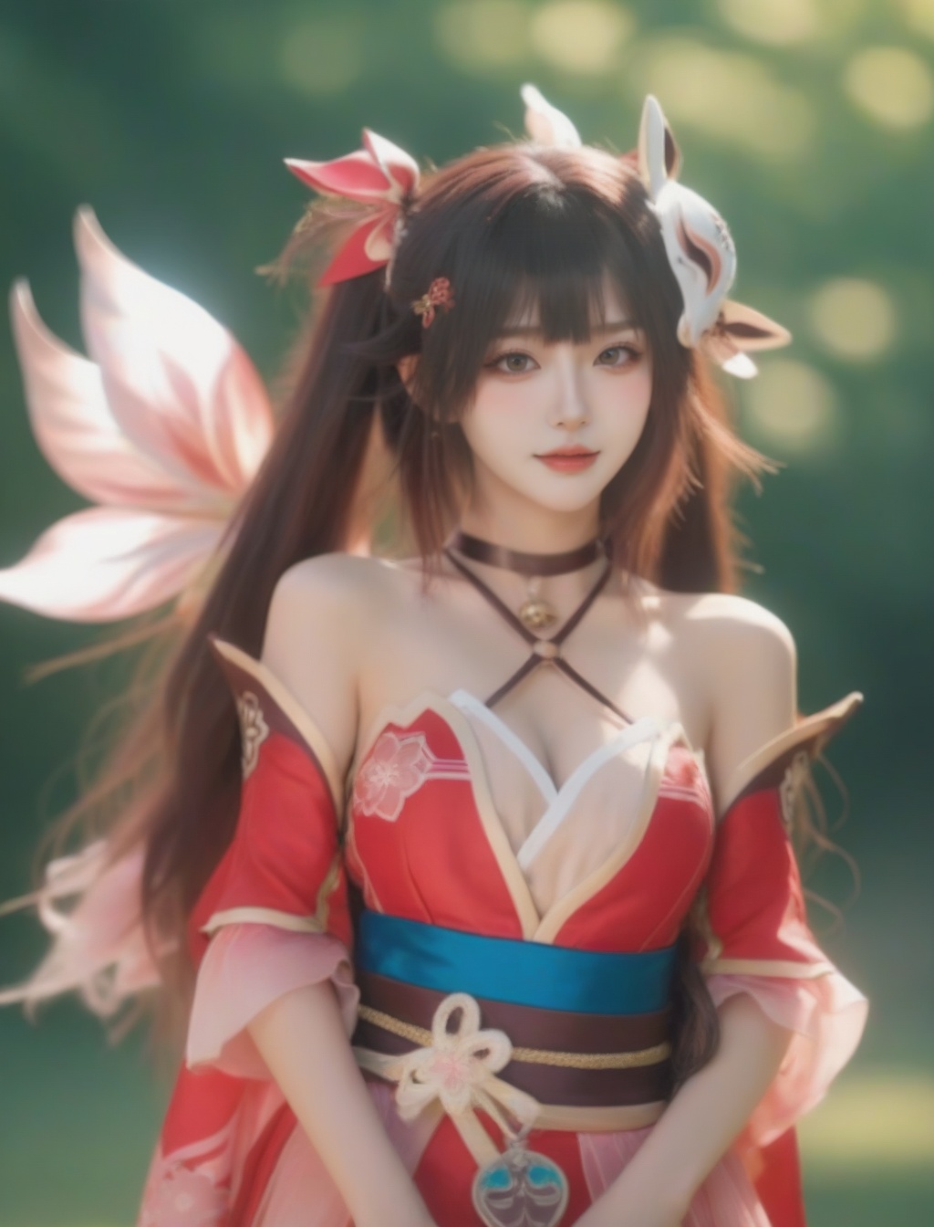 <lora:花火-000008:0.7>,huohua in a red kimono holds a white and red mask.,red dress of flower fire,breasts,looking at viewer,cleavage,bare shoulders,detached sleeves,choker,mole,sash,mole under eye,obi,mask on head,fox mask,Ultra-realistic 8k CG,masterpiece,best quality,(photorealistic:1.4),HDR,absurdres,Professional,RAW photo,lens flare,(film grain:1.1),Bokeh,((Depth of field)),studio light, a woman dressed in a fairy costume and flowers  with a green background and a green forest behind her, 1girl, blue_wings, bouquet, bridal_veil, brown_eyes, brown_hair, butterfly_wings, dress, fairy_wings, flower, grass, leaf, long_hair, pink_flower, pink_rose, purple_rose, rose, solo, wedding_dress, white_rose, wings, Highly detailed,Professional,extreme detail description;,