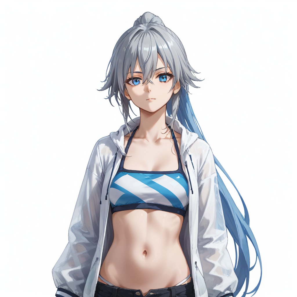 (white background:1.2),looking at viewer,(SOLO:1.4),outline,simple background,upper body, cowboy shot,looking at viewer,(((arms at side))),  fu hua, fu hua cgver, long hair, bangs, blue eyes, hair between eyes, grey hair, blue hair,black shorts,open jacket,open clothes,very long hair,bare legs,ponytail,white jacket,long sleeves,sandals,swimsuit,navel,jacket,collarbone,bikini,<lora:yongzhuang0-pony:0.8>