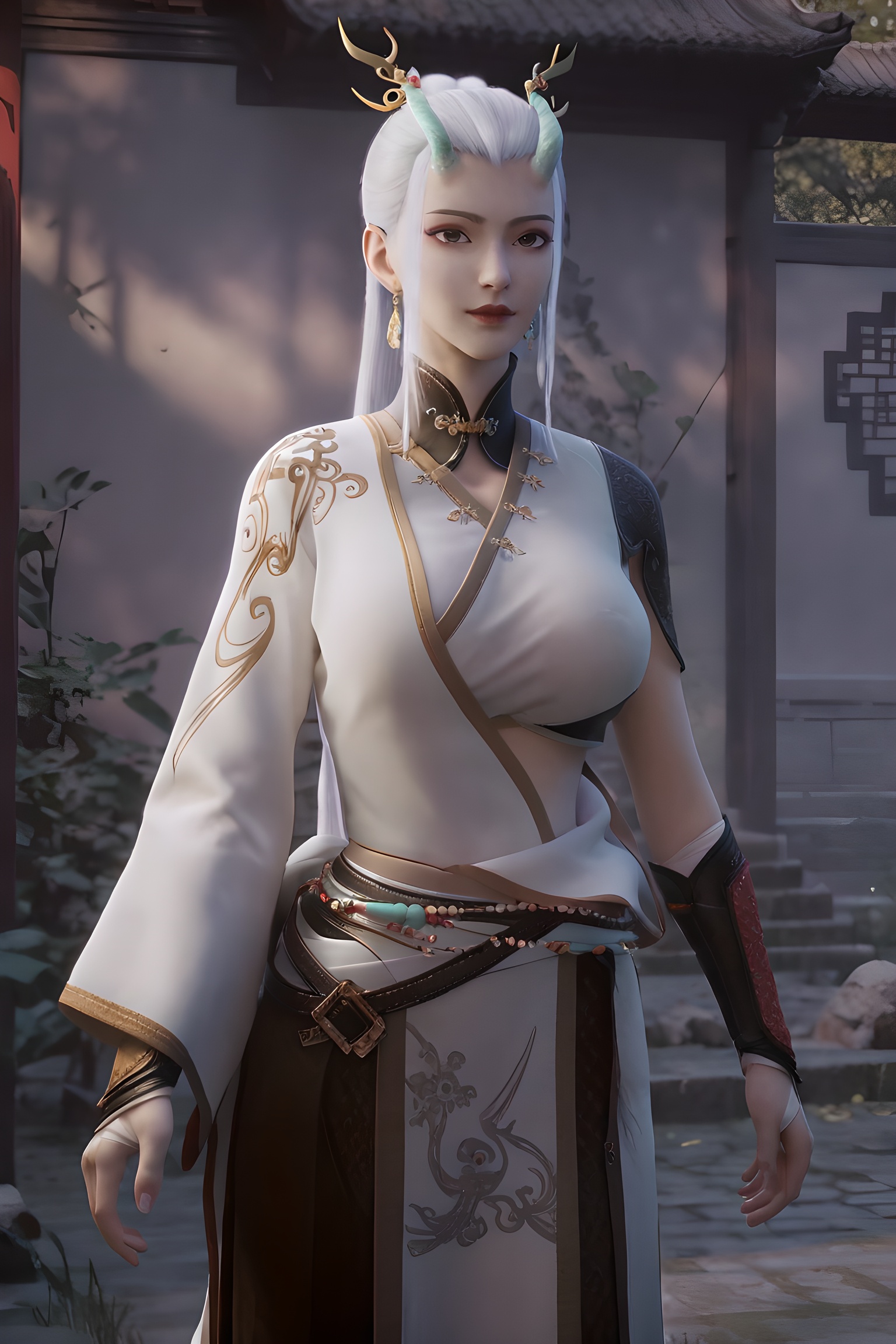 score_9,score_8_up,score_7_up,<lora:SF_LongXuan_Pony-000004:0.7>,1girl,solo,standing,chinese clothes,white hair,breasts,large breasts,red lips,jewelry,hair ornament,earring,looking at viewer,white background,