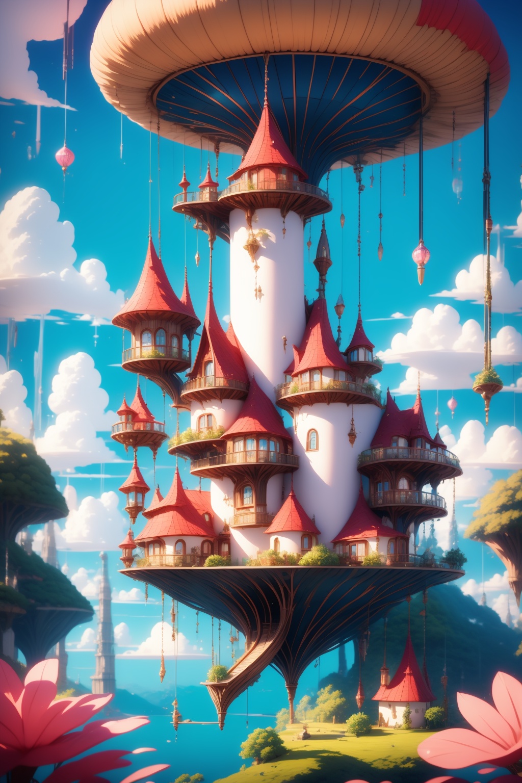 <lora:AgainWonderlandForest:1>,AgainWonderlandForest, scenery, outdoors, sky, cloud, day, no humans, tree, blue sky, plant, window, bridge, chimney, flower, lantern, boat, fantasy,