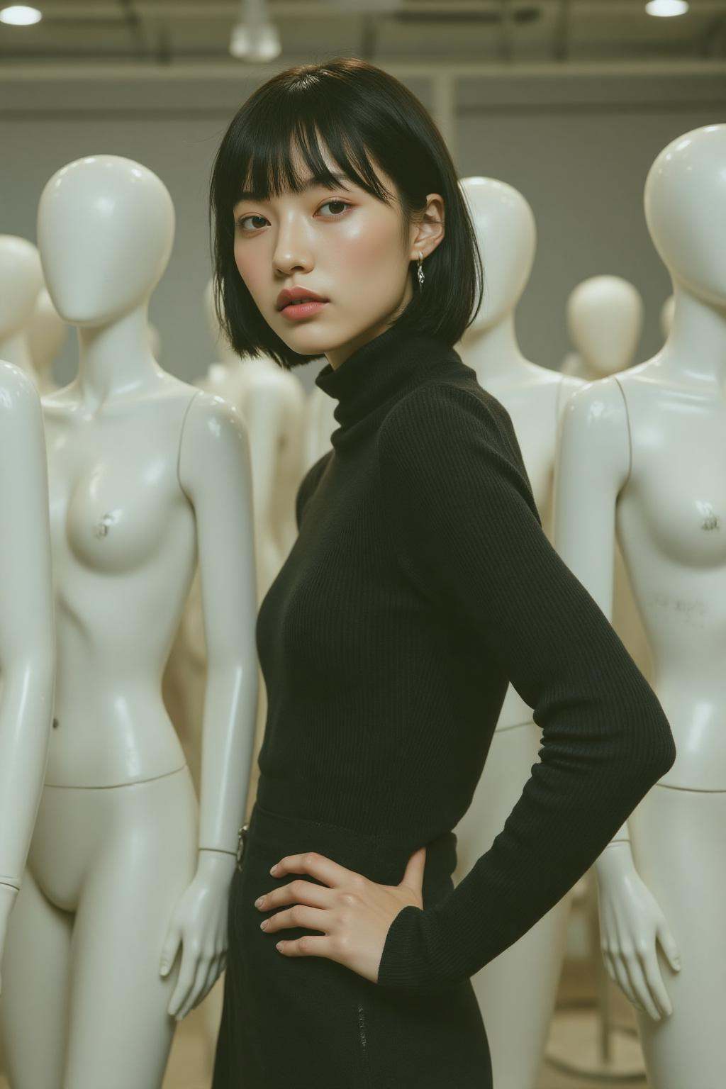 midjourney photograph.midjourney photograph. Young Japanese woman with bob cut and bangs,  shown in 3/4 view,  wearing bla...