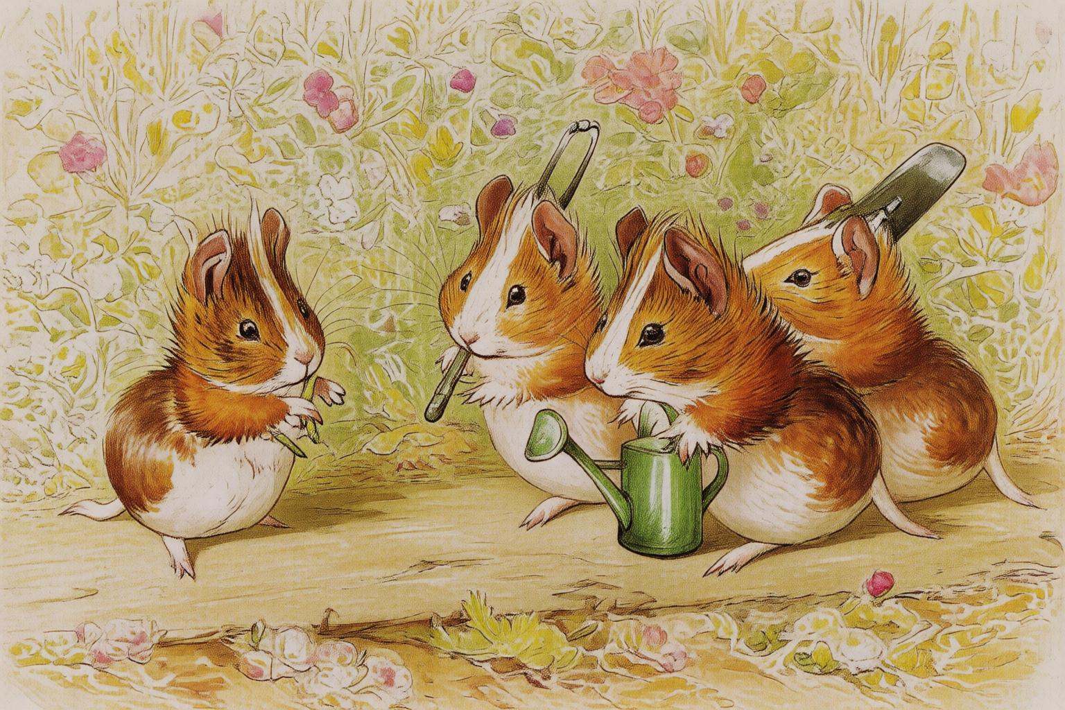 beatrixpotter2q illustration.Four anthropomorphic guinea pigs in a garden setting. On the left is a guinea pig holding a r...