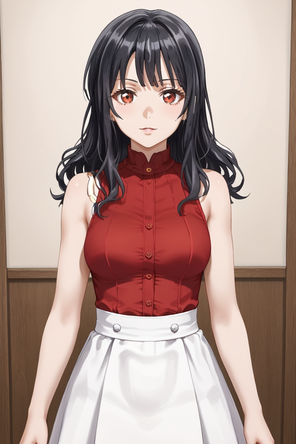 yuri, 1girl, solo, looking at viewer, black hair, bangs, brown eyes, red eyes<lora:yuri-pony:0.8>