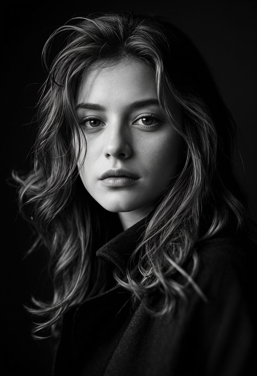 cinematic photo A moody,  high-contrast black-and-white portrait captures the enigmatic beauty of the young woman. Framed...
