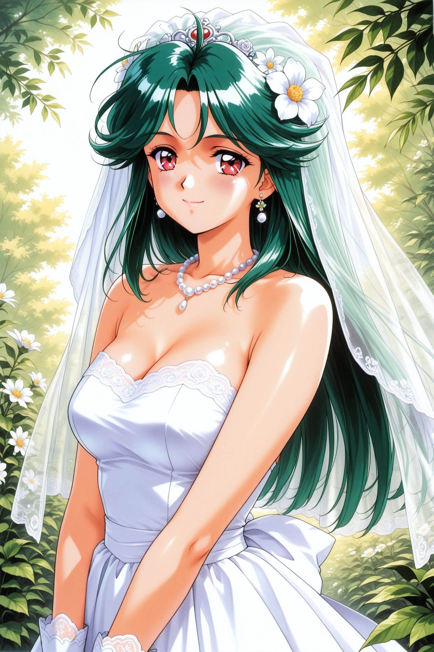 Original Style,1girl,retro artstyle,solo,1990s \(style\),long hair,outdoors,veil,hair flower,white flower,wedding dress,leaf,upper body,white dress,pearl necklace,looking at viewer,bride,bridal veil,Aso Kasumi,gloves,green hair,jewelry,earrings,red eyes,white gloves,smile,breasts,traditional media,<lora:Tokimeki Memorial 2_illustriousXL_v2:1>,