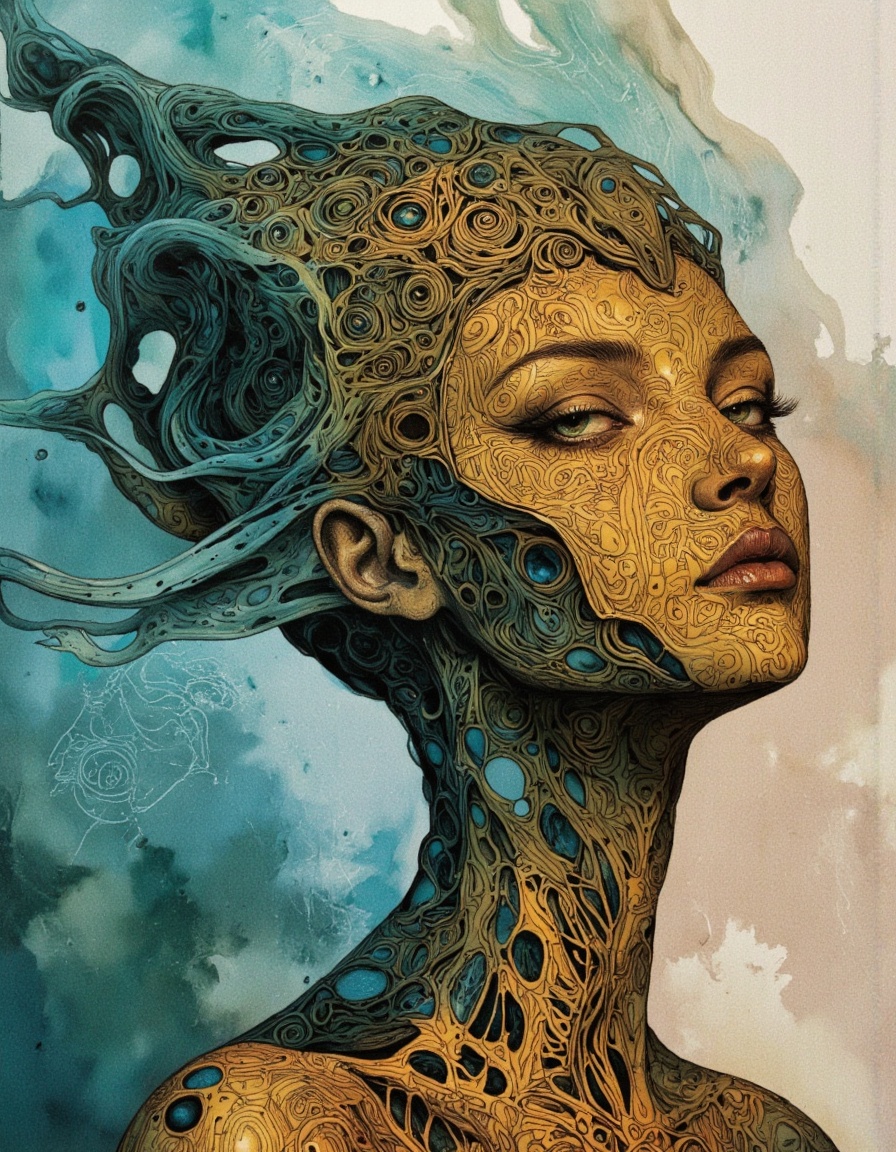 Ethereal minimalist Alien race cybergoth fashion photography painting,  in the style of teal and gold,  use of palette kni...