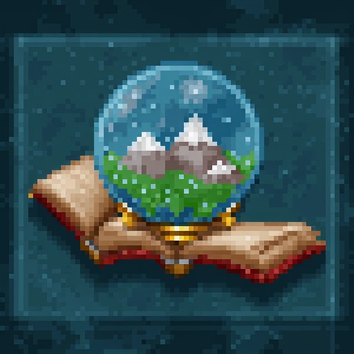 Earth magic skill icon,  HoMM2 style,  icon depicts an open scroll with a magic ball with mountains and green sparkles on...