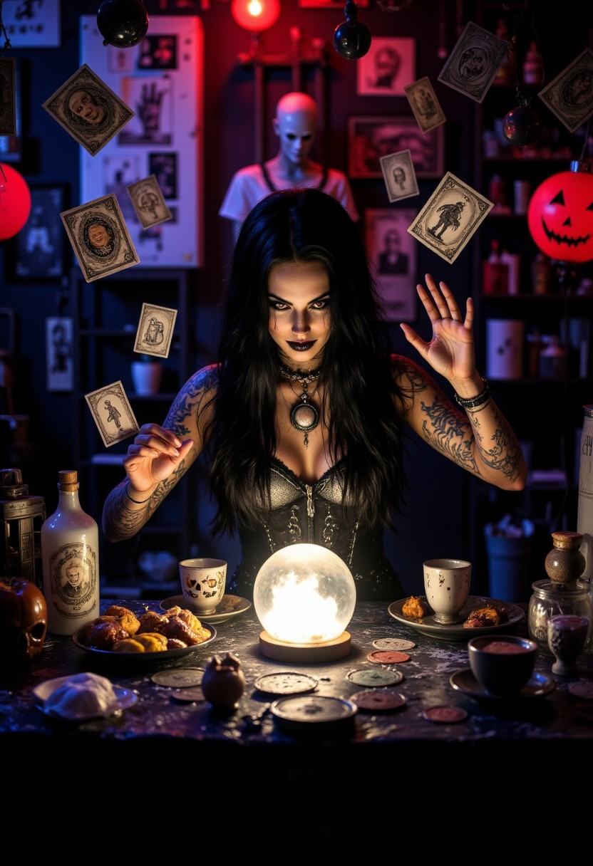 A mystical fortune teller’s booth at a Halloween carnival,  with floating tarot cards and glowing crystal balls.aidmaMJ6.1...