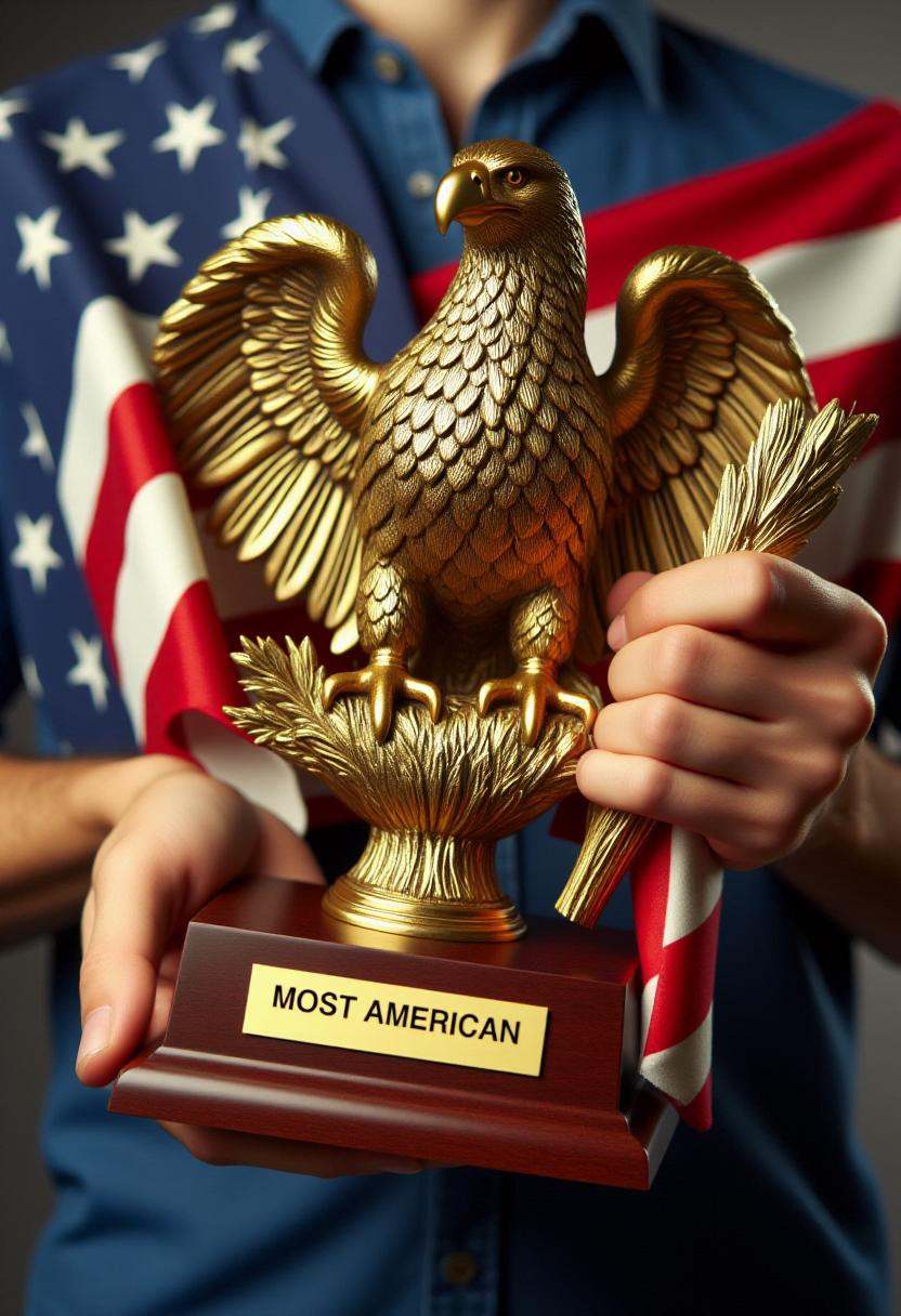 The image is a photograph featuring a person holding a golden eagle trophy with nameplate text engraved "MOST AMERICAN" an...