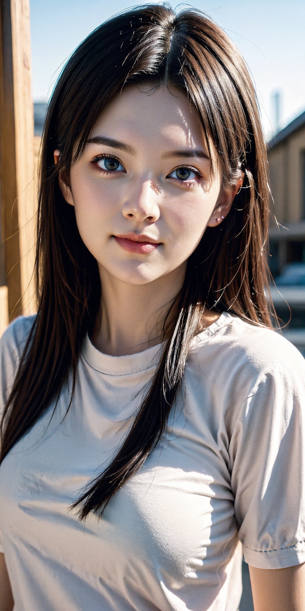 girl, brown eyes, smirk, black long hair, beautiful, pretty, portrait, dynamic angle, realistic, closed mouth, teenage, short sleeve, large breasts, light clothes, flower, suburbs, scenery, outdoors, 