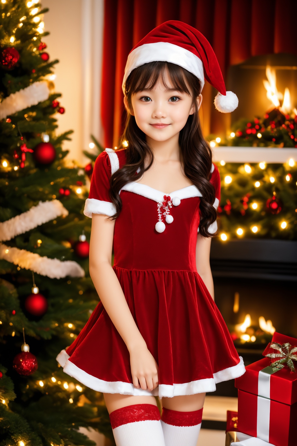 <lora:AgainChristmas_v1:1>, 1girl, christmas tree, solo, christmas, hat, gift, thighhighs, santa hat, dress, christmas ornaments, long hair, red dress, upper body,