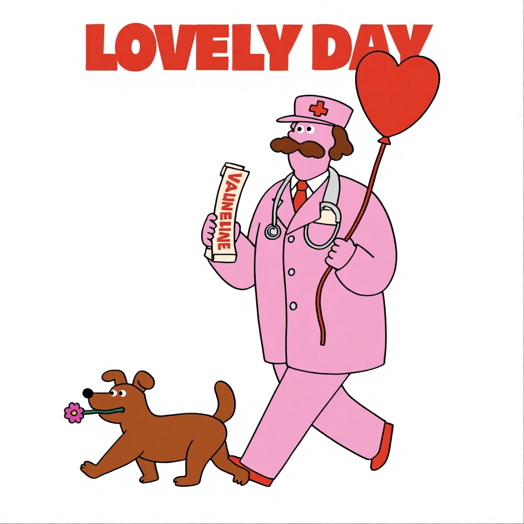 A digital cartoon illustration features a chubby,  pink nurse with a mustache and a red cross hat,  holding a heart-shaped...