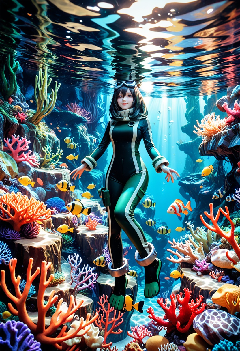 year 2023, onineko, tianliang duohe fangdongye, wlop, ciloranko, ask \(askzy\), miv4t, 1girl, asui tsuyu, green-diving-suit, underwater, swimming, goggles-on-head, brunette, brown-eyes, tropical-fish, coral, flippers,masterpiece, best quality, amazing quality, very aesthetic, absurdres, 