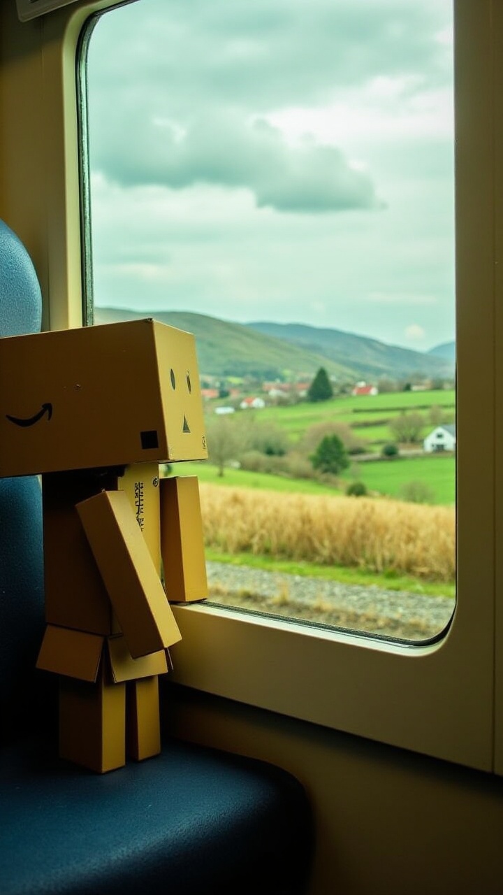 "aidmaDanbo sitting on a train,  looking out the window at a passing countryside,  with rolling hills and small houses dot...
