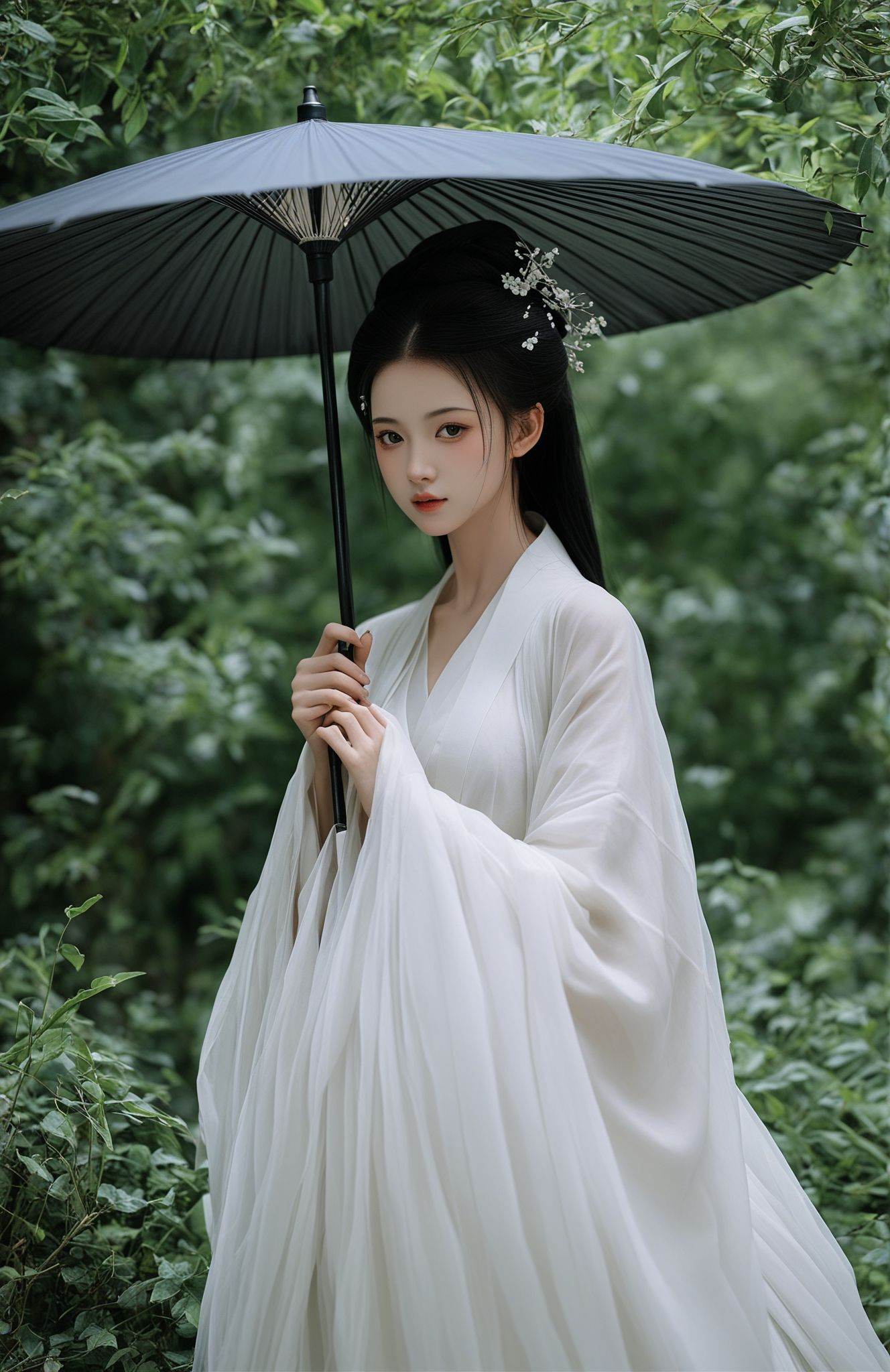 score_9,score_8_up,score_7_up,score_6_up,score_5_up,Hanfu, the traditional Chinese attire, is depicted in this image. The individual is clad in a flowing white garment with delicate embroidery, symbolizing purity and grace. A slender, black umbrella is held gracefully, adding an element of elegance and protection. The setting is a lush garden, with greenery enveloping the figure, suggesting a harmonious blend of nature and human adornment.