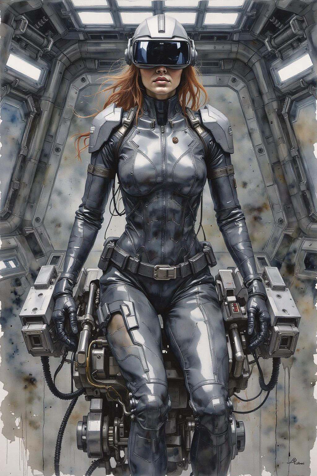 yawc1 watercolor.A striking,  futuristic scene depicts a woman dressed in sleek,  form-fitting leather attire on Tensor.Art