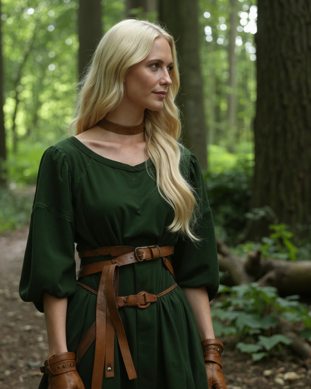 poppy_delevingne standing in a forest during what appears to be early autumn. She has long,  wavy blonde hair that cascade...