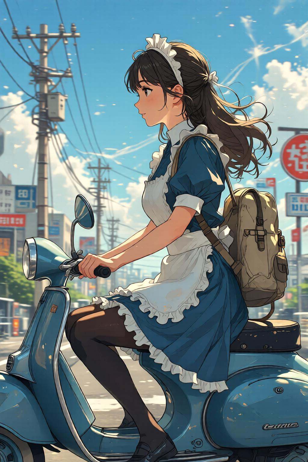 nijidigital3q anime illustration.A young woman,  shown in side profile,  is riding a blue moped on a bright on Tensor.Art