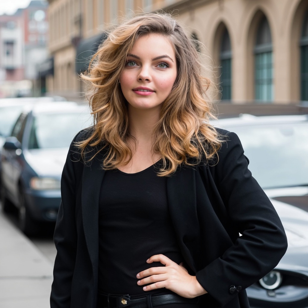 A portrait camren_bicondova captured in a candid moment on a city street. She has long, wavy blonde hair and wears a black blazer. Her pose is relaxed, with one hand on her hip and the other resting on her shoulder. The background shows a row of parked cars and a historic building with arched windows. The sky is overcast, and the color palette is muted, with the woman's blonde hair contrasting the muted tones of the surroundings.