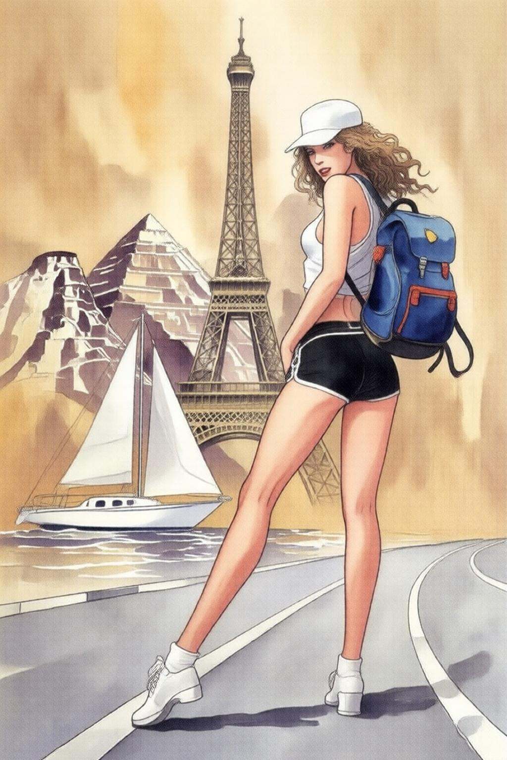 milomanara7q illustration. A woman in a white **** top and black shorts. She is wearing a white baseball cap. She has a bl...