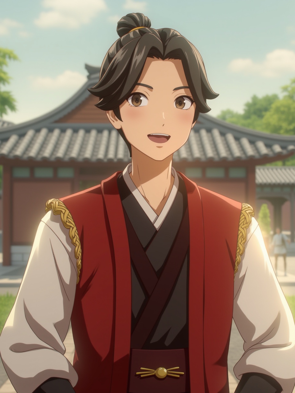 2D style,A boy with black hair is wearing Chinese clothes outdoors,smile