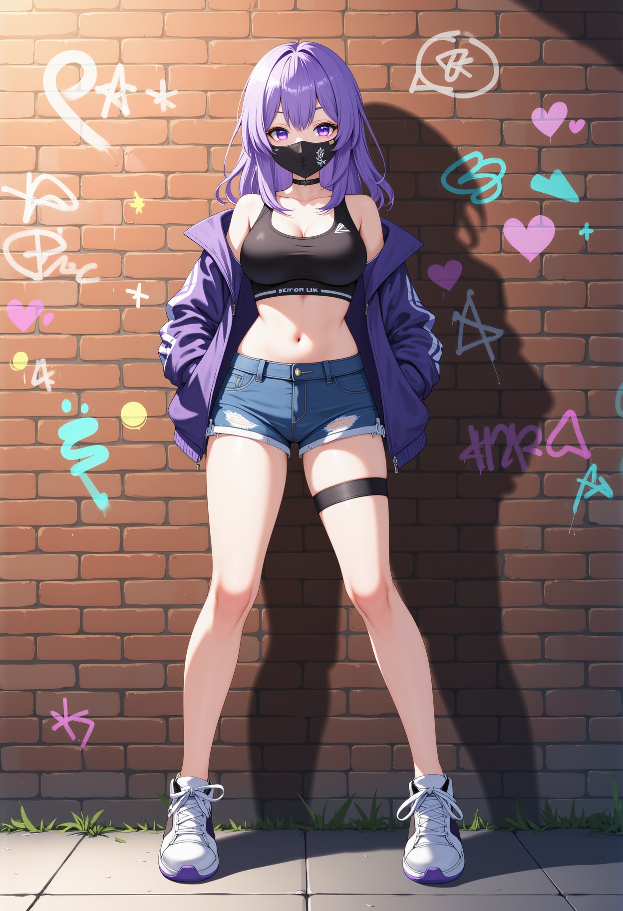 anime,  a girl standing in front of a brick wall covered in graffiti. She has purple hair and purple eyes,  and is dressed...