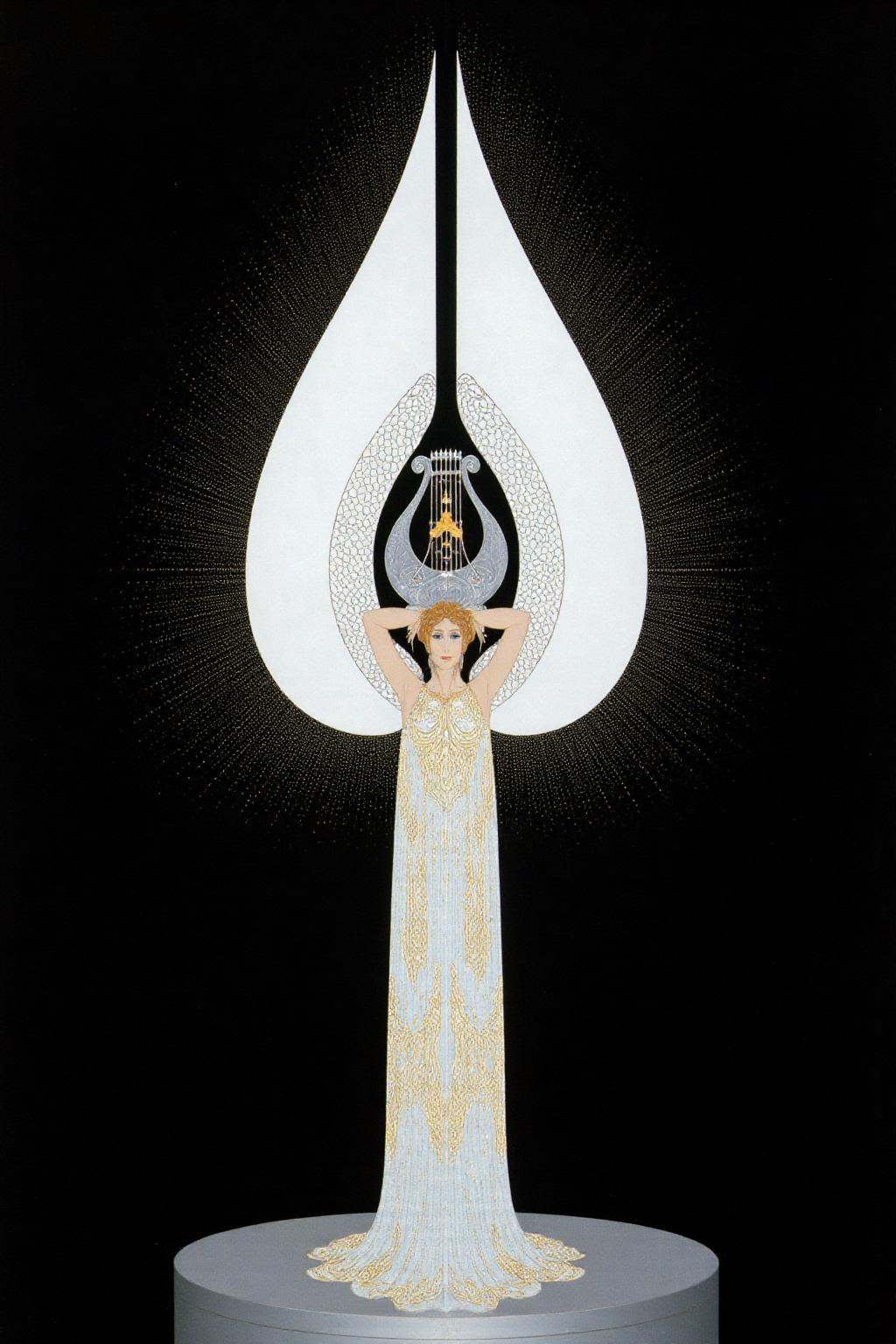 erte1 illustration.A woman wearing a long gown,  adorned with intricate golden patterns,  standing on a round platform. Sh...