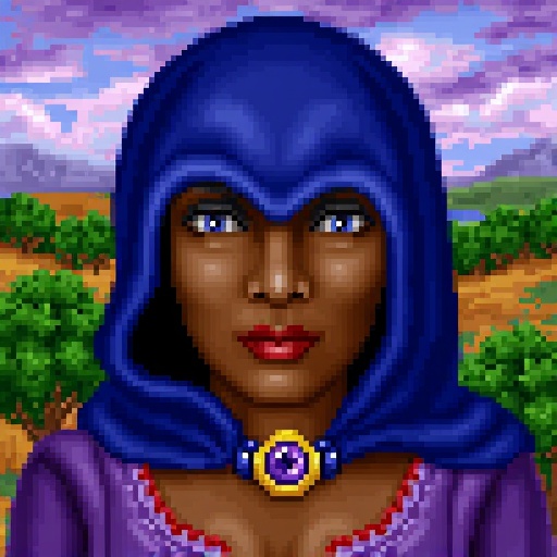 Original HoMM2 style portrait of a sorceress with dark skin,  partially obscured by a deep blue hooded cloak. The cloak co...