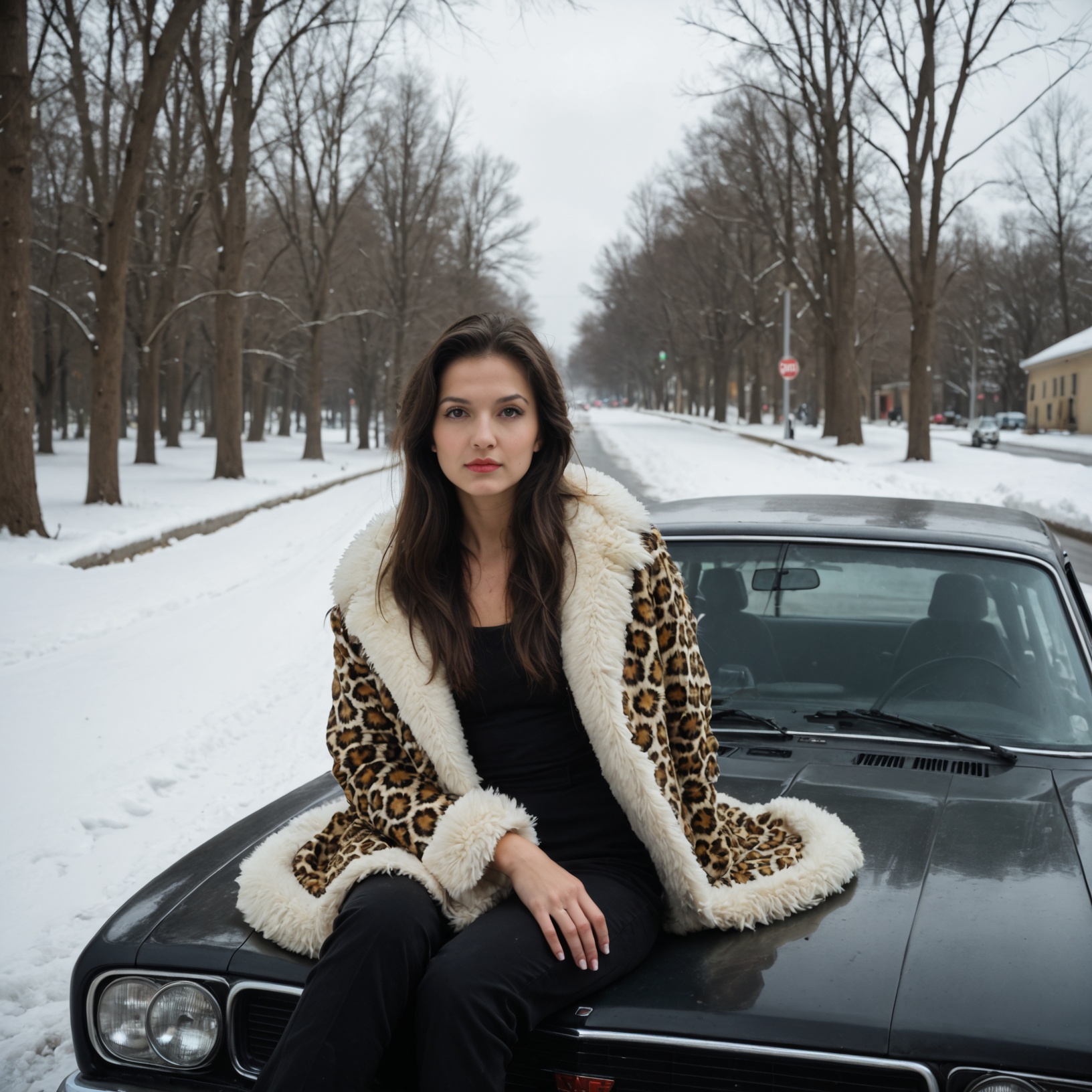 a womanwith dark hair,  beautiful russian eyes,  dressed in a fur coat with a leopard print on Tensor.Art