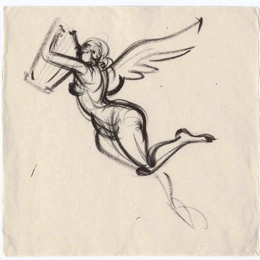 gstdrw A delicate,  expressive charcoal gesture drawing of a musical muse in mid-flight,  her lyre held effortlessly as sh...
