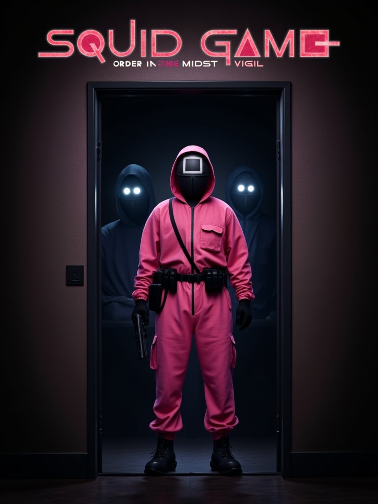 Squid Game,  9. **Title**: "Squid Game: Enforcer's Vigil" | **Text**: "Order in the Midst of Chaos" | **Visuals**: A pink-...