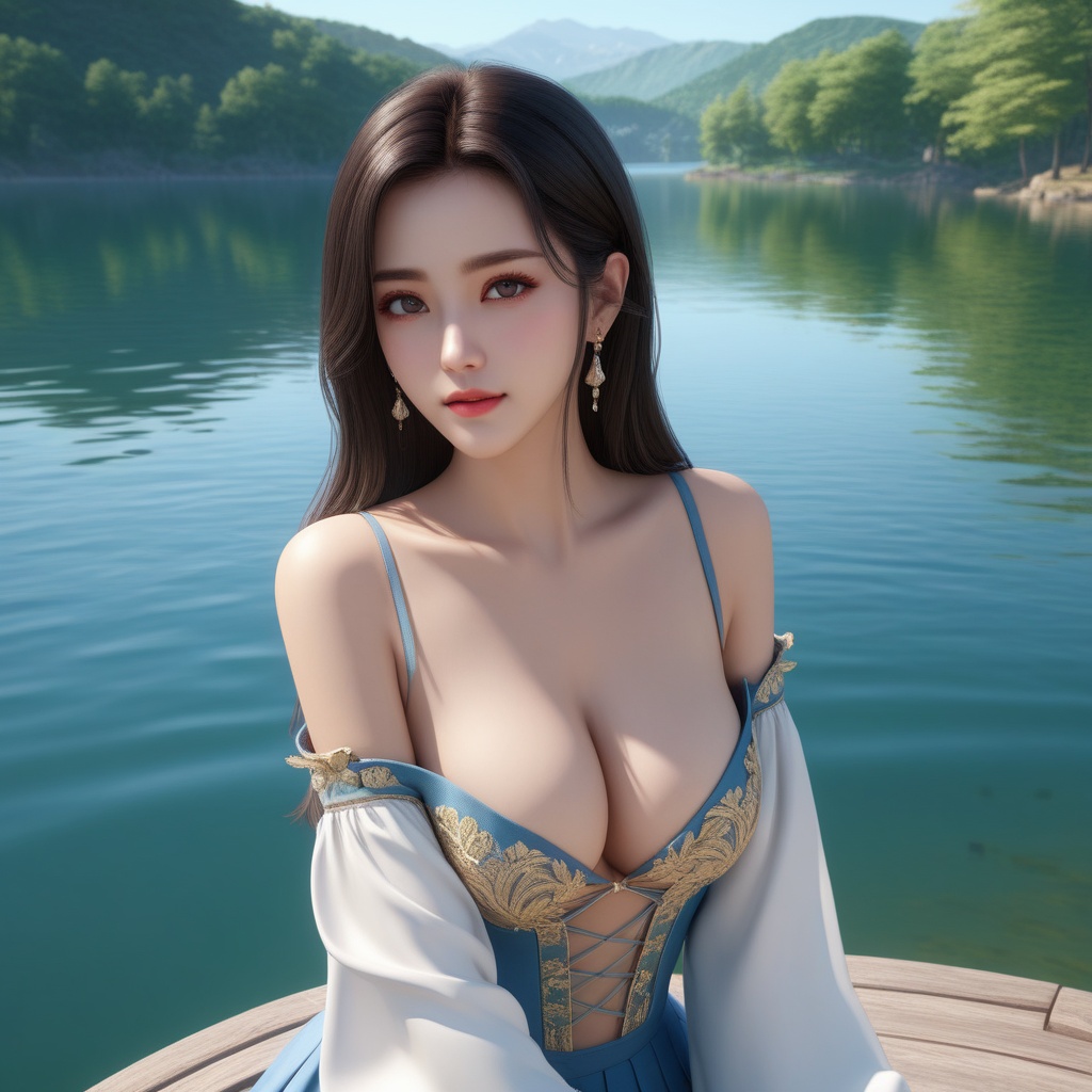 <lora:836-DA-XL-朴正允-绿-B:0.8>, (,1girl, ,best quality, ),,  ,ultra detailed 8k cg,   ,masterpiece, (( , )) , lake,upper body,   (cleavage),,  (),