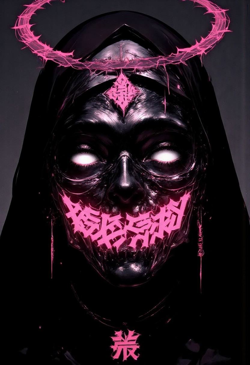 This is a digital artwork in a high-contrast,  adding a cyberpunk aesthetic. Her eyes are glowing white,  ornate headpiece...